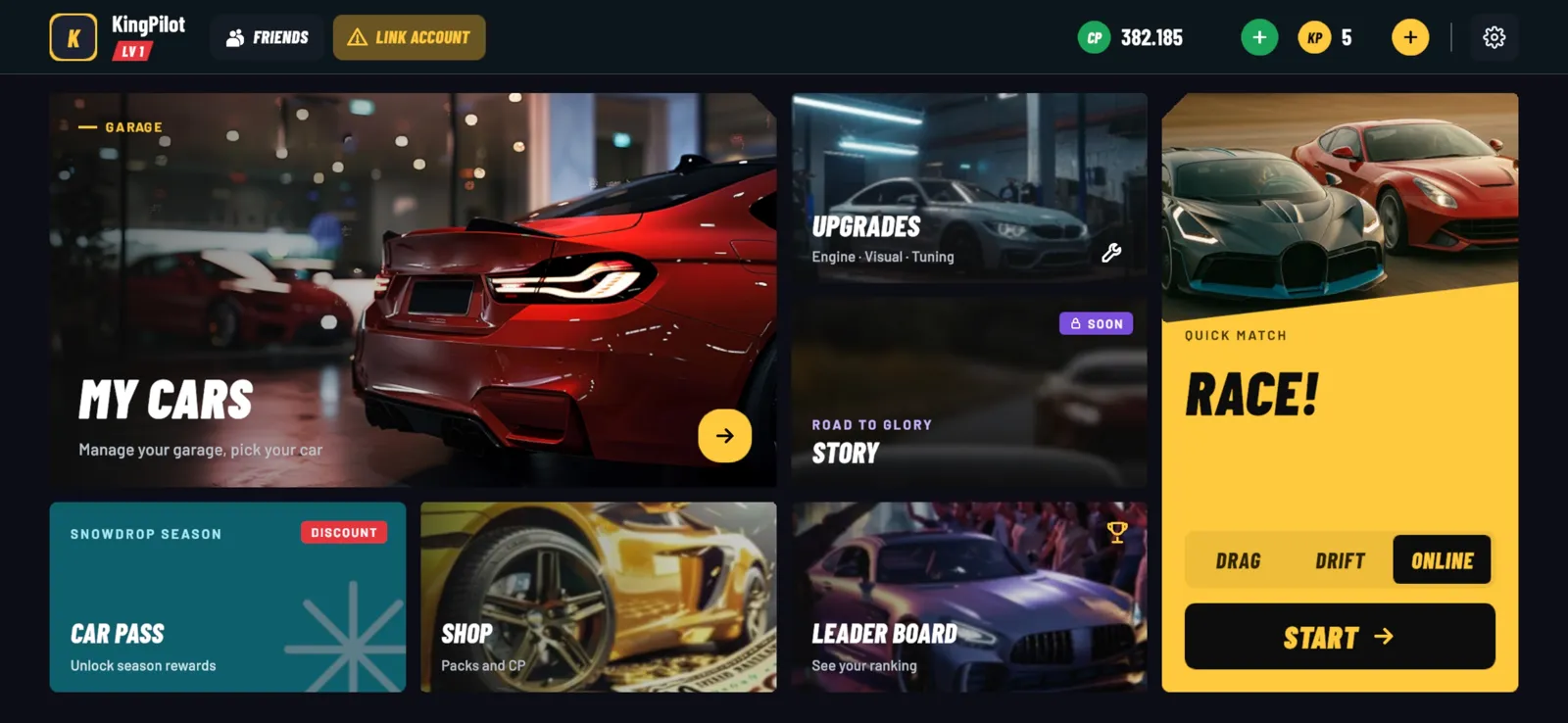 Garage Rivals: Drift & Drag — Main menu